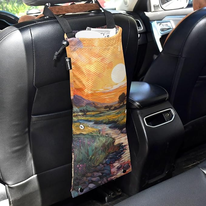 ALAZA Hanging Car Trash Bags Garbage Bag Trash Can for Back Seat Small Sunset Field Washable Storage Bag Retractable 2 Pack