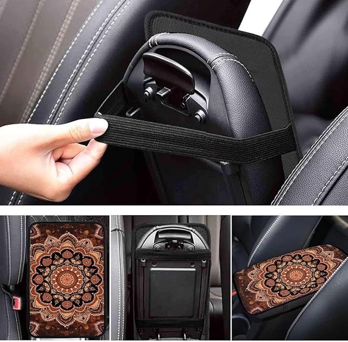 Boho Flower Print Center Console Cushion for Cars Decorative Automotive Armrest Seat Box Cover for Women Universal Fit Van SUV Truck Sedan, Brown