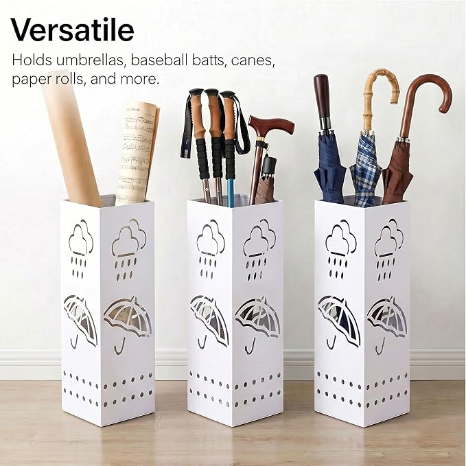 BEWBBAT Metal Umbrella Stand for Entryway, 6 x 6 x 17 Inch White Square Umbrella Organizer Bin, Free Standing Umbrella Holder,Walking Sticks, Home Office Decor