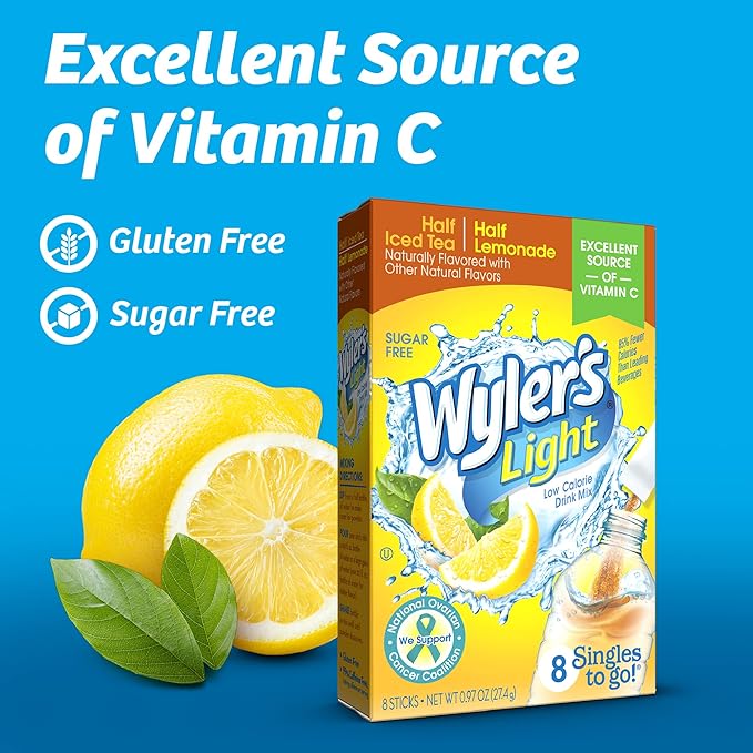 Wyler's Light Water Drink Mix, Singles To Go, Half Iced Tea & Half Lemonade, 1 Box, 8 Sticks Per Box (8 Sticks Total) (Pack of 4)