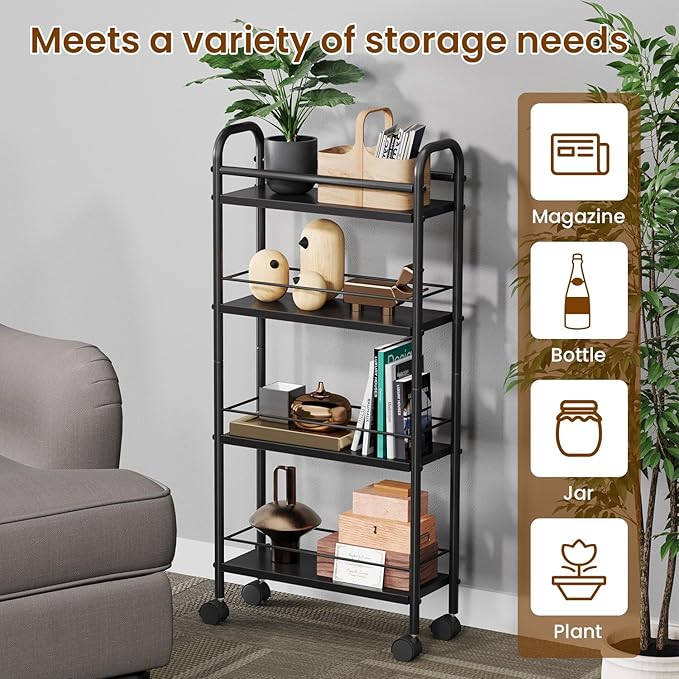 Slim Storage Cart, 4-Tier Small Rolling Cart with Wheels, 5.9" Deep, Narrow Bathroom Shelf Trolley for Kitchen, Bathroom, Laundry Room, Black Standard 4-Tier (5.9" W x 33.6" H)