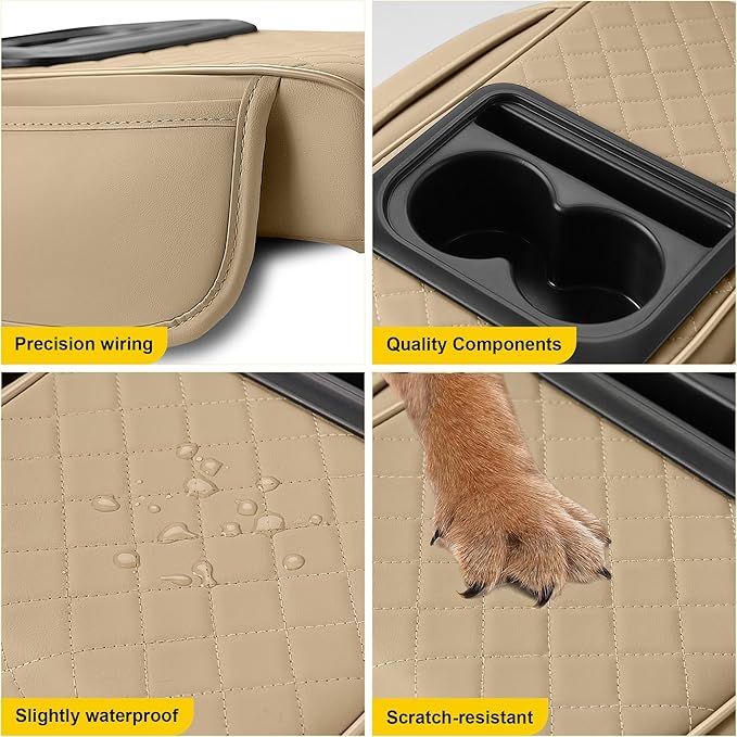 Center Console Cover for Canyon: Armrest Cover for Car with 2 Storage Bags - Waterproof Leather Center Console Cover with Cup Holder for Car,Anti-Scratch Auto Armrest Pad Accessory （Beige