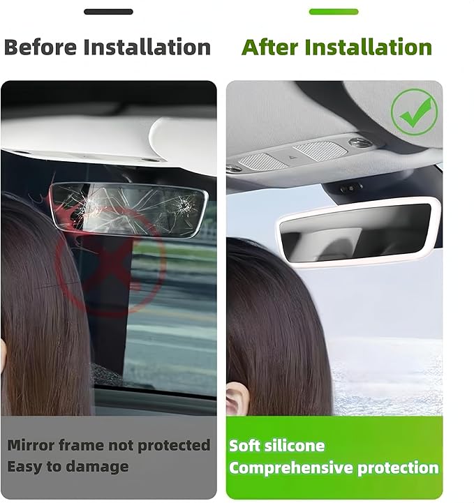 Tesla Model 3 Model Y Accessories of Screen Protector Frame + Center Console Wireless Charging Silicone Pad + Interior Rear View Mirror Cover 3pcs 3in1 (White)