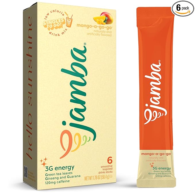 Jamba Singles To Go! mango-a-go-go smoothie-inspired powdered drink mix sticks, 6-Count, 3G Energy (green tea, ginseng, guarana), aspartame free, just add water
