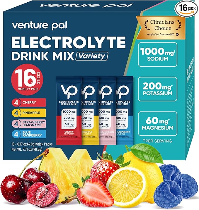 Venture Pal High Sodium Sugar Free Electrolytes Powder Packet, Zero Calories Hydration Packets with Vitamin, Sodium, Potassium & Magnesium, Electrolyte Drink Mix, Vegan, Keto Friendly, 16 Count