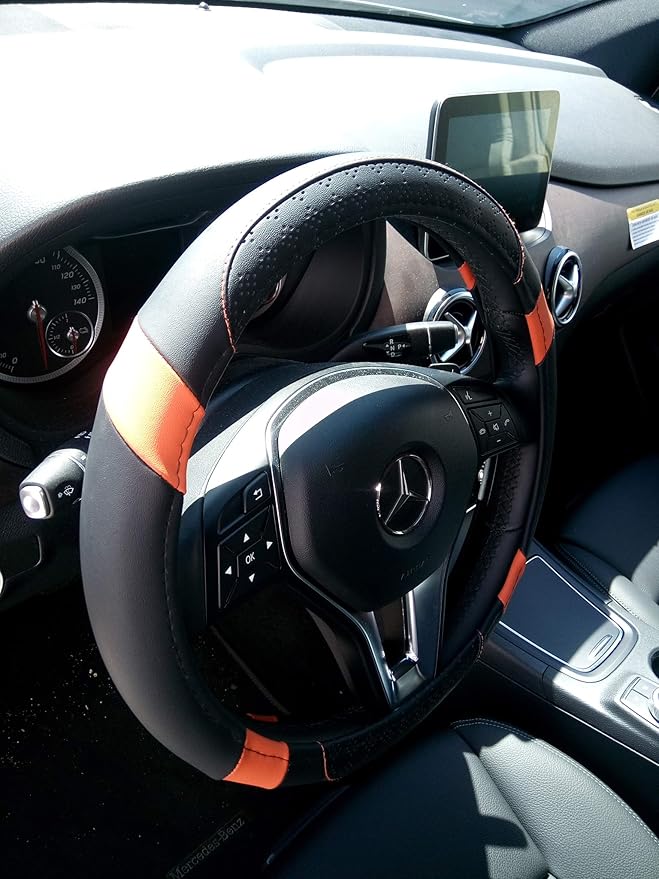 Jdragon Black & Orange PU Leather Best Grip Slip-On Steering Wheel Cover 14.25-15" Diameter