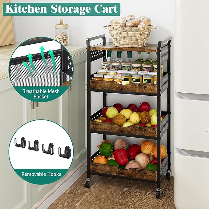 Giwil 4-Tier Rolling Storage Cart, Small Coffee Bar Crafts Makeup Cart with Wooden Top Snack Organizer for Pantry, Utility Kitchen Cart On Wheels for Onions Potatoes, Black