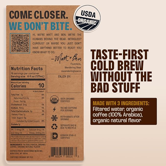 Wandering Bear Organic Vanilla Coffee Cold Brew On Tap, Iced Coffee Drink -Extra Strong, Smooth, No Sugar Added, Shelf-Stable, Ready to Drink, Gluten Free & Vegan Decaf -16 Servings of 6fl.oz -96fl.oz
