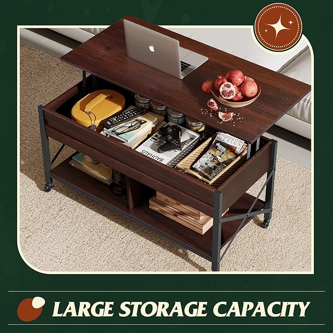 WLIVE Coffee Table, 41.3" Lift Top Coffee Table with 4 Wheels, Hidden Compartment, Storage Shelf and Lift Tabletop for Living Room, Reception Room, Espresso