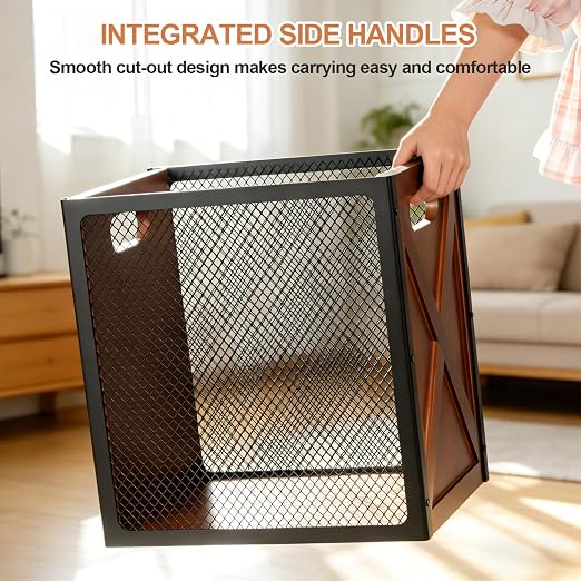 Rustic Office Trash Can - Rectangular Waste Basket with Iron Mesh, 4.5 Gallon Wooden Garbage Can, Bathroom Garbage Bin with Handles, Decorative Trash Can for Home Office Bedroom