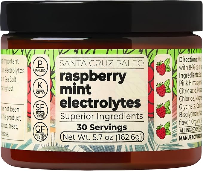 Santa Cruz Paleo Electrolyte Powder, Raspberry Mint Flavor, Sugar Free Hydration Drink Mix with Himalayan Pink Salt, Sea Salt, Magnesium Glycinate, Potassium Chloride, Sweetened with Stevia, 30 Srvgs