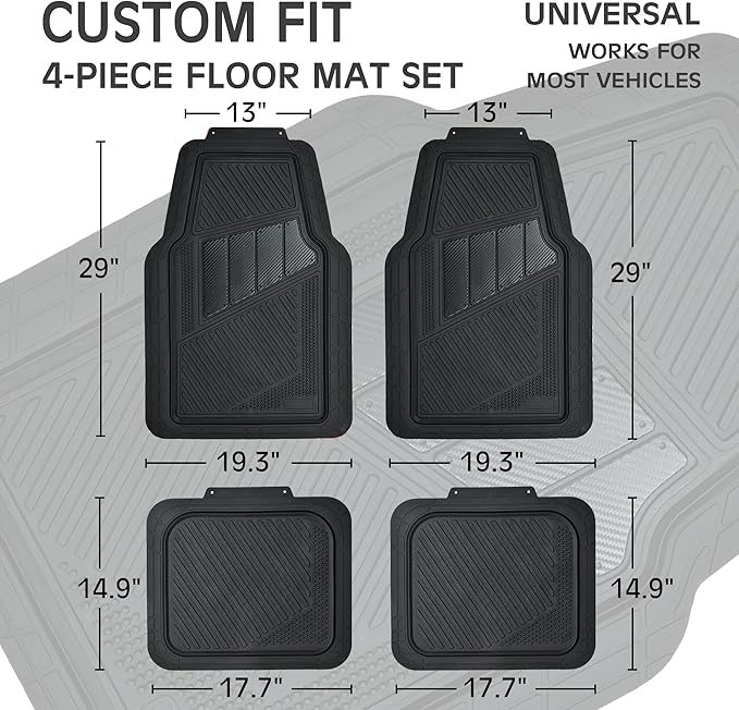 CAR PASS Heavy Duty Rubber Floor Mats 4-Piece Car Mat Set - Universal Waterproof Carbon Fiber Floor Mats for Car SUV Truck, Durable All-Weather Mats(Black)