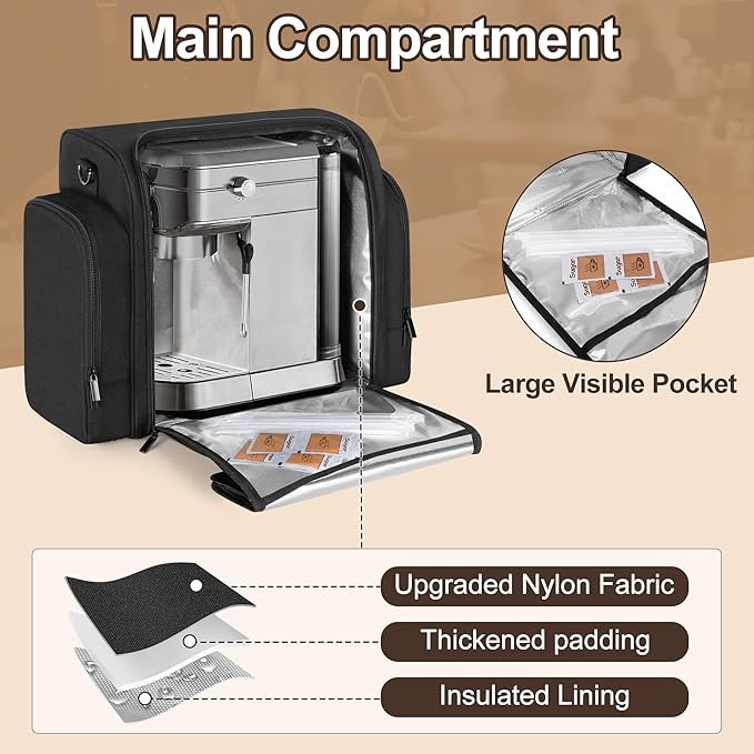 Yarwo Coffee Maker Bag Compatible with Keurig K-Mini/CASABREWS CM5418/3700/ATATIX, Wide Open Coffee Machine Travel Case with Insulated & Mutiple Pockets for Coffee Maker, Pods, Grinder and Supplies