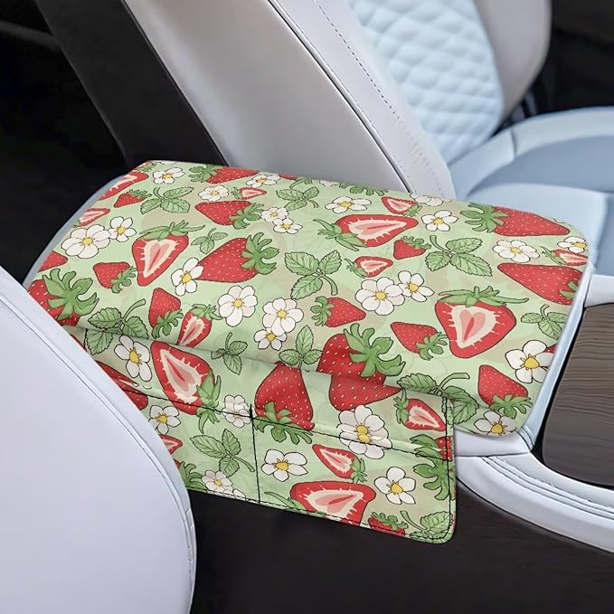 Dreaweet Strawberry Car Accessories for Women Center Console Cover Thick Console Console Armrest Pad Universal Arm Rest Cover for Car SUV Truck Sedan Armrest Storage Box Cover Pad,Green
