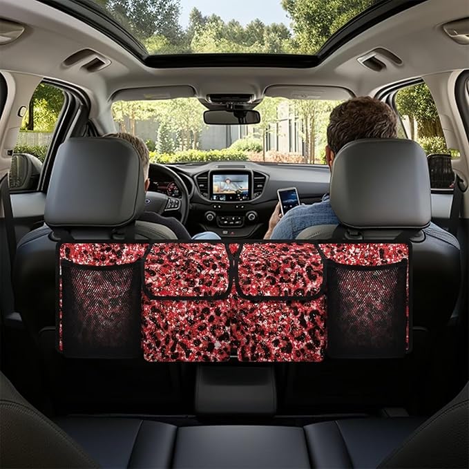 Red Leopard Car Storage Bag Hanging Backseat Organizer Waterproof Large Capacity Trunk Organizer for SUV with 4 Pockets & Buckle Suitable for Women Shopping or Beach Vacation