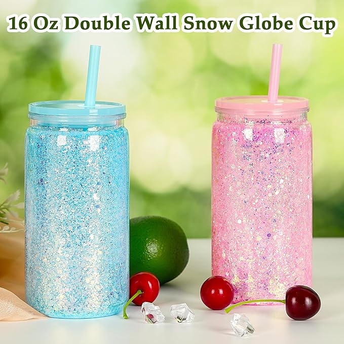 16 Oz Plastic Snow Globe Tumbler with Lid and Straw, 6 Pack Double Wall Pre Drilled Plastic Mason Jar Cups Can for Snow Globe Glitter DIY Gift(Mixed Colors)