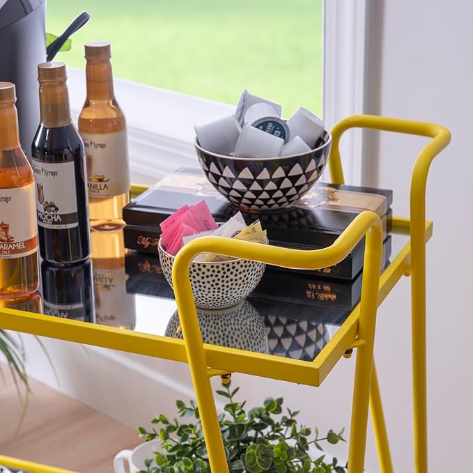 Gina Yellow Mid Century Bar Cart with Mirrored Shelves by Linon