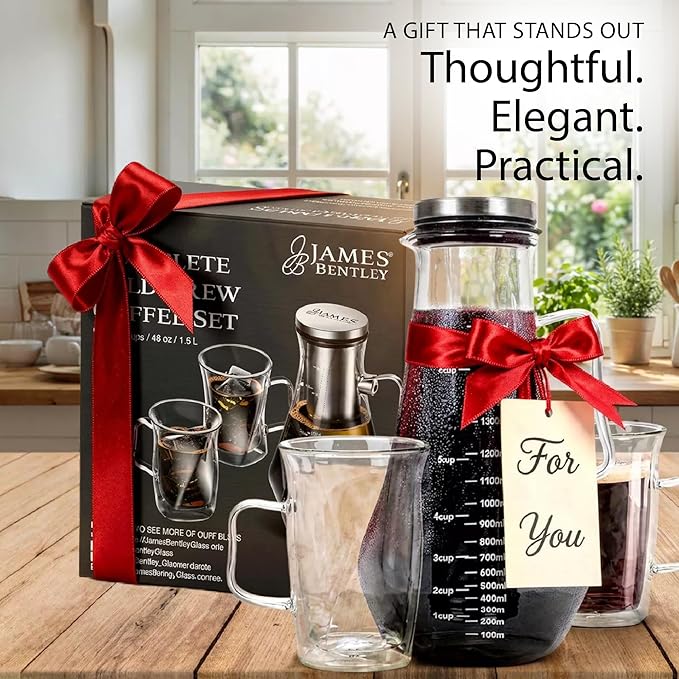 James Bentley Complete Cold Brew Coffee Set – Cold Brew Coffee Maker Glass for Hot and Cool Drinks, Fridge Friendly — Glass Carafe, Stainless Steel Infuser, Double Wall Cups x2, & Cleaning Brush