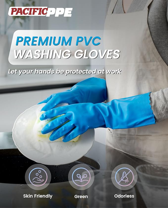 PACIFIC PPE 2 Pairs Reusable Dishwashing Cleaning Gloves with Latex Free, Cotton Lining, Kitchen Gloves, Blue, Small