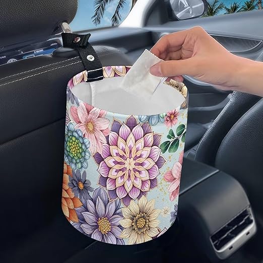 Boho Car Trash Bag, Car Trash Can - Cute, Portable, Collapsible for Back Seat, Floor, or Hanging Headrest Waste Basket
