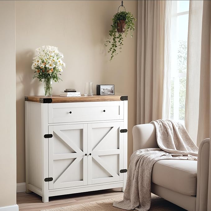 YESHOMY Coffee Bar and Accent Cabinet, Farmhouse Barn Door Buffet Sideboard with Drawer and Adjustable Shelf, Wide Desktop for Kitchen, Dining Room, Bathroom, Entryway, White＆Rustic