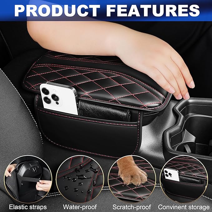 Center Console Cover Fit for Nissan Frontier 1998-2025 Leather Armrest Covers Armrest Cover for Car(Black&Redline)