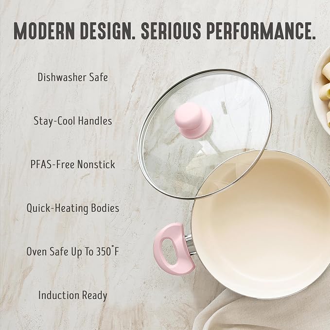 GreenLife 5 Quart Nonstick Stock Pot with Lid, Non-Toxic Ceramic Pot, Dishwasher Safe, Induction Ready, Fast Heating, Stay-Cool Handles, Kitchen Casserole, Soup, Pasta, Easy Clean, Blush Pink