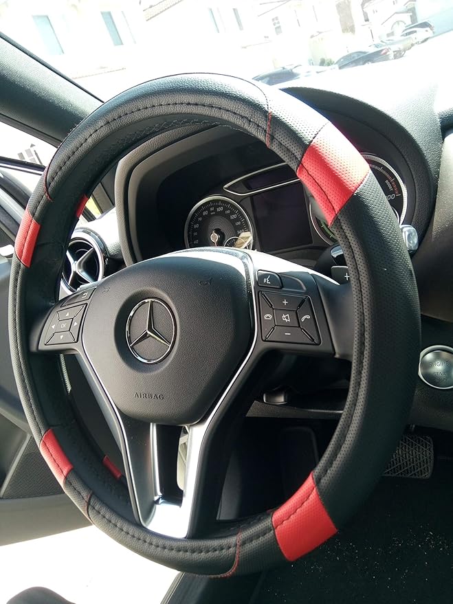 Jdragon Black & Red PU Leather Best Grip Slip-On Steering Wheel Cover 14.25-15" Diameter