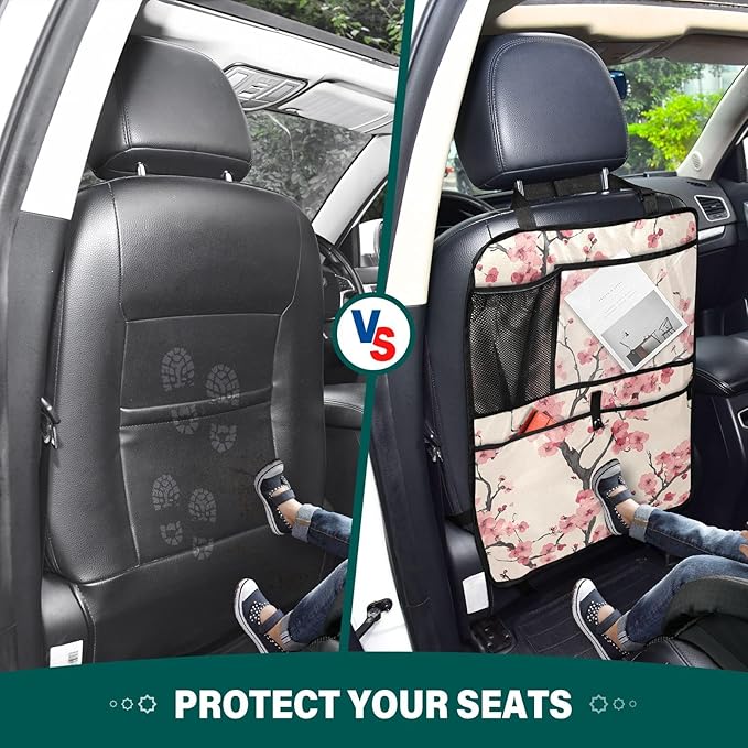 JIPONI Car Backseat Organizer, Japan Cherry Blossoms Automotive Back Seat Protector, Kick Mats with Storage Pockets for Kids Pets, Road Trip Accessories (2 Pack)