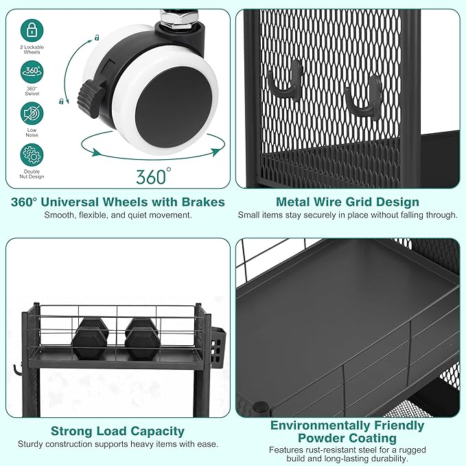 3-Tier Rolling Storage Cart Metal Utility Cart with Wheels, Office Organizer with Hanging Cups, Hooks, Book Snack Craft Mobile Shelving Unit for Office Kitchen Nursery