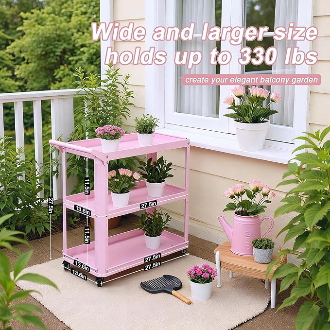 3 Tier Metal Utility Rolling Cart with Wheels, Heavy Duty Storage Organizer Trolley Cart for Kitchen, Bathroom, Office, Bedroom – Multi-Purpose 330Lbs Capacity Utility Cart on Wheels, Pink