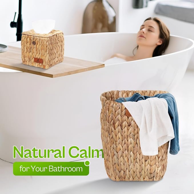 Handwoven Water Hyacinth Decorative Basket, Small Bathroom Trash Can 10L, Open-Top Woven Organizer for Bathroom, Bedroom & Living Room, Natural Fiber, 11 Inch