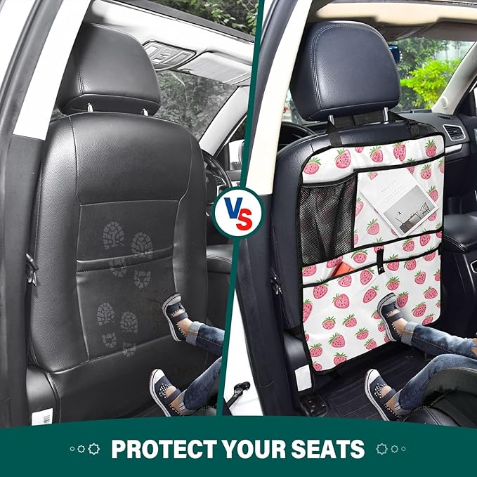 JIPONI Car Backseat Organizer, Small Strawberrys Automotive Back Seat Protector, Kick Mats with Storage Pockets for Kids Pets, Road Trip Accessories