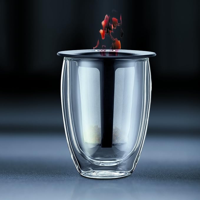 Bodum 12oz Tea Strainer w/Lid, Double Wall, High-Heat Borosilicate Glass, Set of 2, Black