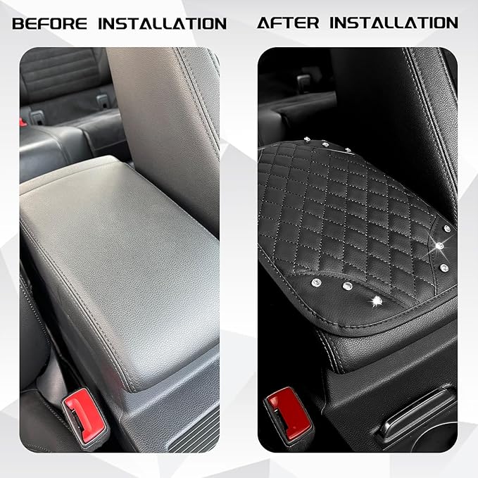 Car Center Console Cover Bling Arm Rest Cover for Car Decor Accessory, Diamond Leather Middle Console Armrest Seat Box Mat with Rhinestones, Crystal Cushion Bling Pad for Women Girl(Black)