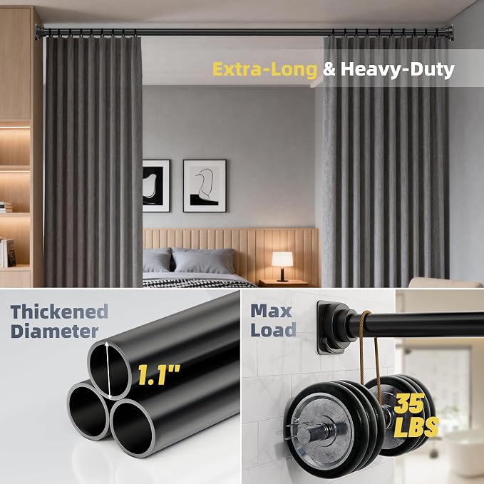 STARLATTA Long Tension Shower Curtain Rod 31-94 Inch: 1.1" Dia Rustproof Stainless Steel, No Drilling Heavy Duty, Adjustable Room Divider for Bathroom Window, Matte Black