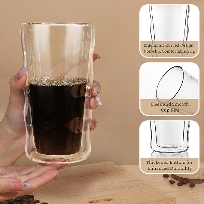 Joeyan Double Walled Insulated Tumbler,15 oz Beer Cocktail Glass Cups Highball Drinking Glasses,Double Lined Borosilicate Smoothie Hot Beverage Tea Coffee Glassware,Set of 2