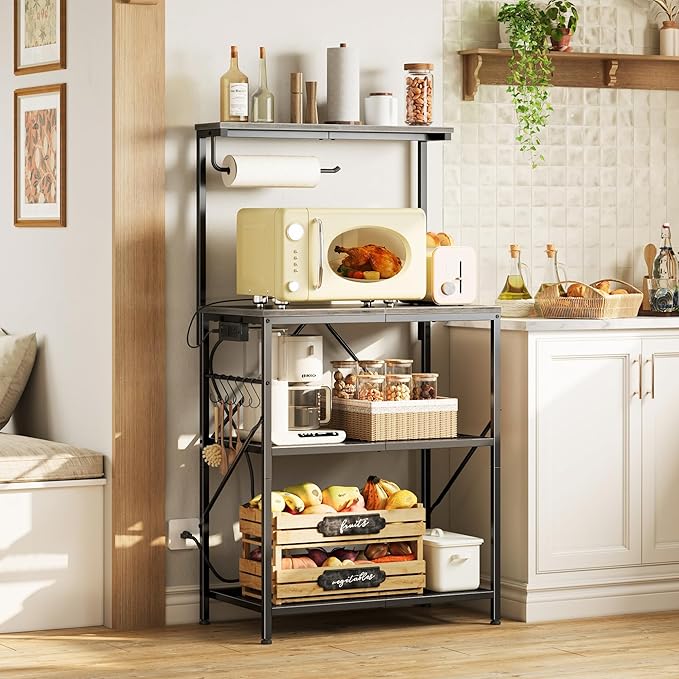 Huuger 4-Tier Bakers Rack with Reversible Power Outlet, 23.6 Inch Microwave Stand, Kitchen Coffee Bar, with Top Shelf, 6 S Hooks, Grey
