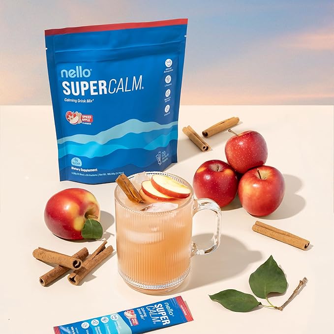 Nello Supercalm Powdered Drink Mix, Cortisol Reducer* and Sleep Aid Supplement, L Theanine, Ksm-66 Ashwagandha, Magnesium Glycinate, Vitamin D 3, No Sugar, Non GMO, On The Go, 20 Ct, Spiced Apple