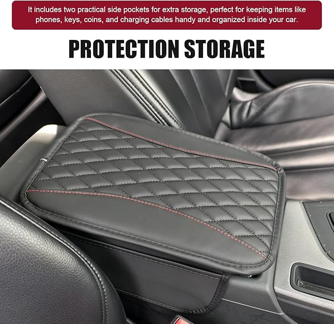 Car Center Console Cover, Upgraded Patchwork Leather Arm Rest Cover with Side Storage Pockets, Comfortable Auto Armrest Protector Cushion, Universal Middle Console Pad for SUV, Sedan (Black)