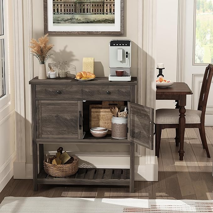 ChooChoo Farmhouse Console Table, Entryway Table with Storage Shelf, Coffee Bar Cabinet, Narrow Buffet Sideboard for Kitchen, Hallway, Living Room, Ash Gray