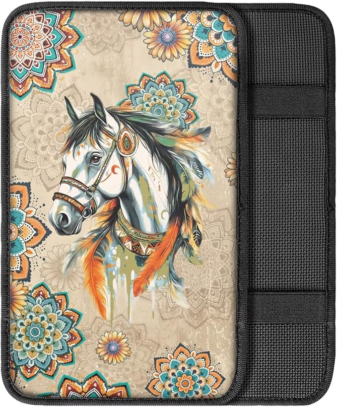 Horse Print Armrest Cover Pad for Car Boho Mandala Flower Print Car Center Console Cushion Pad Universal Auto Decor for Truck Sedan SUV