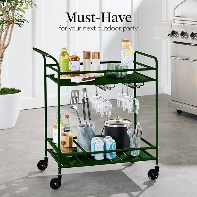 Best Choice Products Rolling Bar Cart, Mobile Home Bar Serving Cart, Serving Station w/ 2 Tier Shelves, Wine Rack, Lockable Wheels - Deep Green