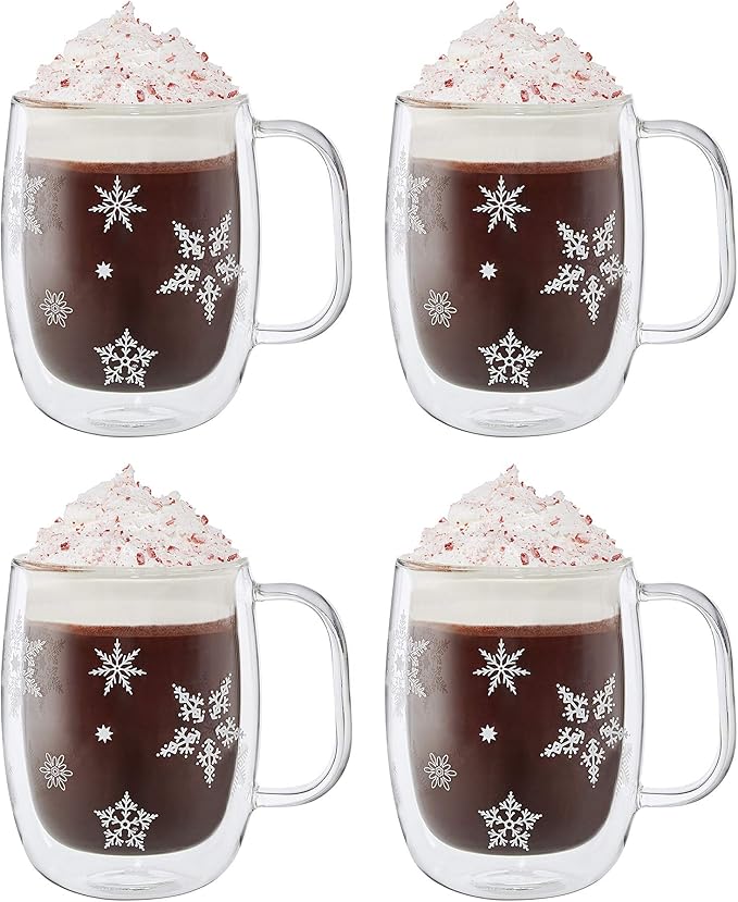 ZWILLING Sorrento Double Wall Glass Snowflake Coffee Mugs, Set of 4, 12oz. Each