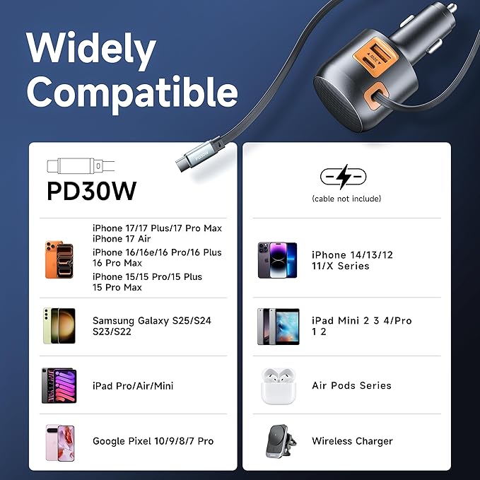 Retractable Car Charger USB C Fast Charge for iPhone 17 16 Car Charger, 60W Type C Built-in Retractable C Cable for iPhone Air/16/15 Series, iPad, Pixel and More