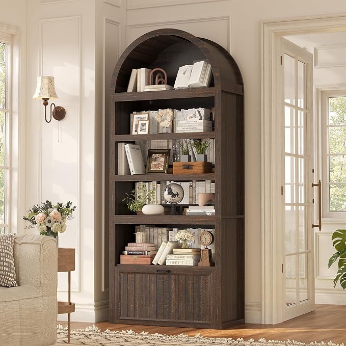 81" Tall Arched Cabinets,Bookcase with Drawer storage,Mid-Century Modern 5-Tier Bookshelf,2 Book Risers and Adjustable Shelves offering more storage space for Living Room,Kitchen,Home Office,Walnut