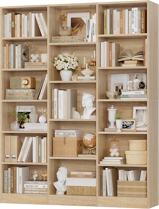 FACBOTALL Triple Wide Bookshelf, 6 Tier Large Bookshelf, Bookcase with 17 Open Display Shelves, 74'' Tall Bookcases and Bookshelves for Living Room, Home Office, Library, Light Oak