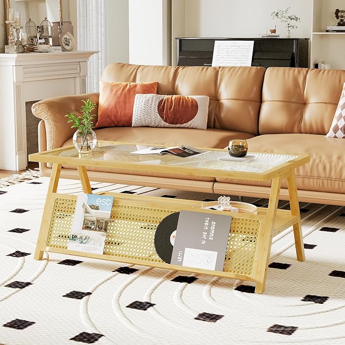 Bamworld Coffee Table with Storage Mid-Century Modern Coffee Table Boho BambooTable with Glass Top for Living Room Office