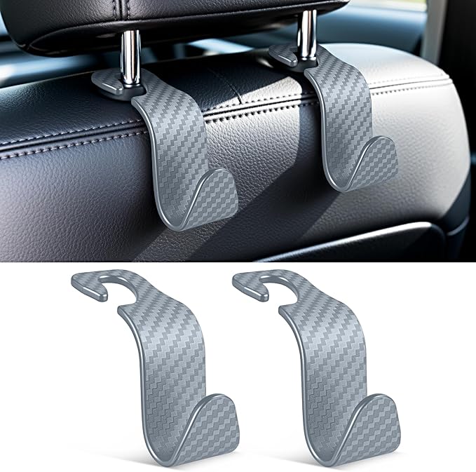 SINGARO Universal 2 Pack Car Seat Headrest Purse Hook, Carbon Fiber Back Seat Hook Storage Organizer Hanger for Purse Handbag Coat, Car Interior Accessories(Gray)