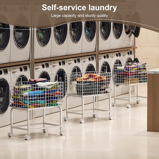 Rolling Laundry Basket with Wheels,80L Wire Laundry Cart with Pull Handle,White High Laundry Basket Cart for Laundry Room,Bathroom,Bedroom-White(23.6 * 15.75 * 28inch)
